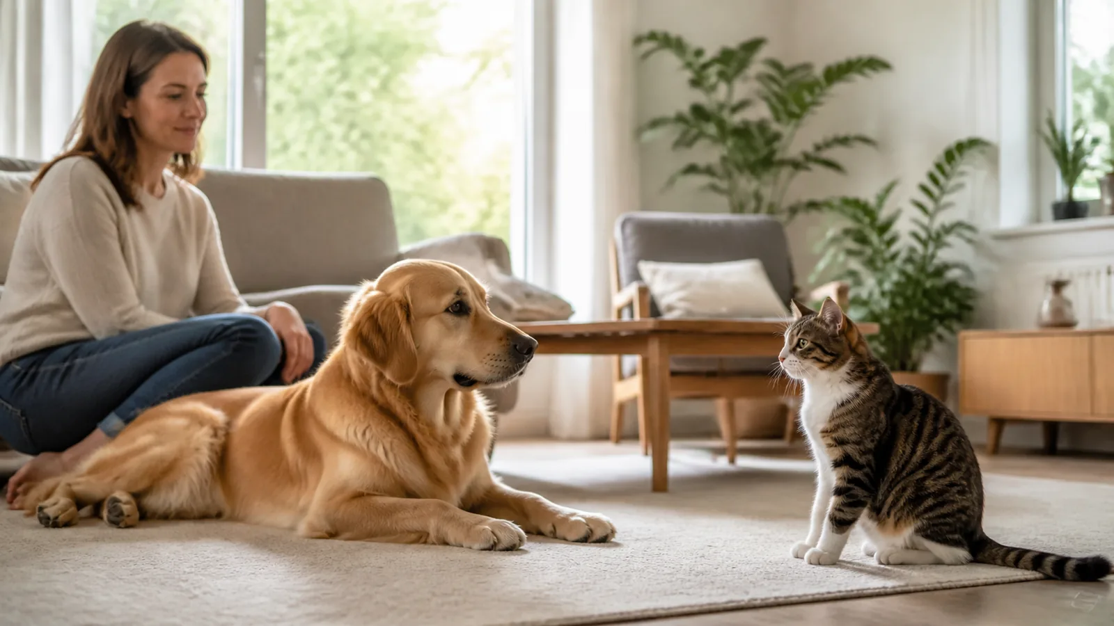 Un chien et un chat observés calmement à la maison
